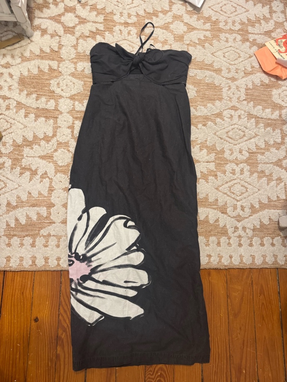 Vintage Strapless Black Floral Strapless Maxi Dress